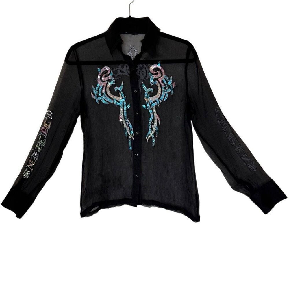 Vintage Sheer Black Silk Beaded & Sequined Blouse Sz S Western, Rodeo, Cowgirl